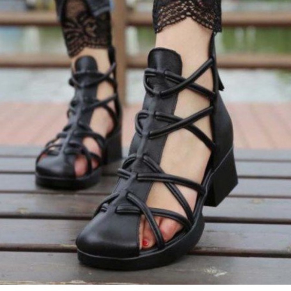 FSJ black block heel PU sandal